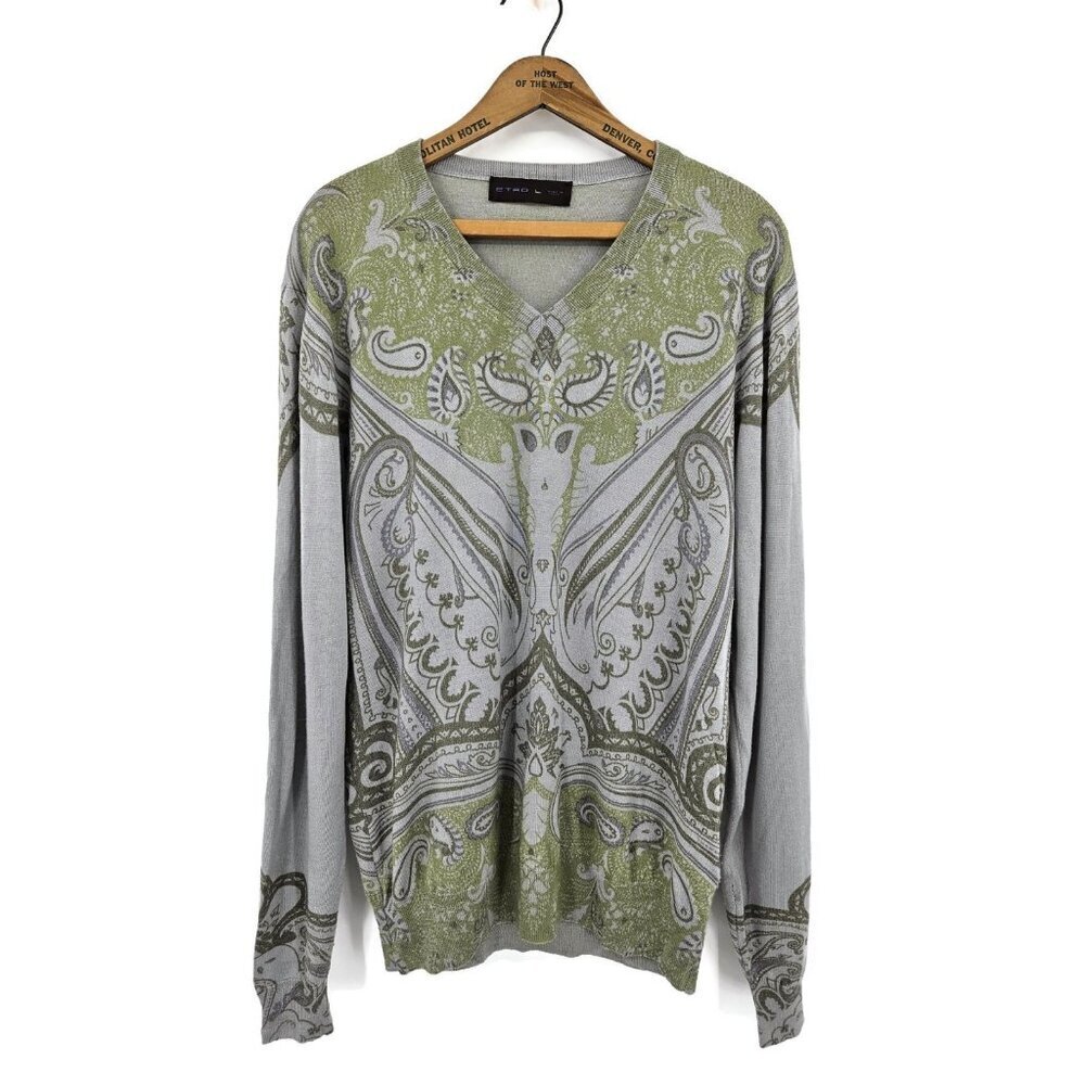 Etro Grey Green Paisley Pullover Sweater Mens L V-Neck Wool Silk Cashmere
